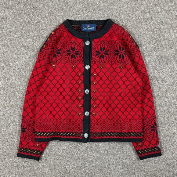 VTG Nordstrikk Red Wool Nordic Fair Isle Cardigan Sweater...